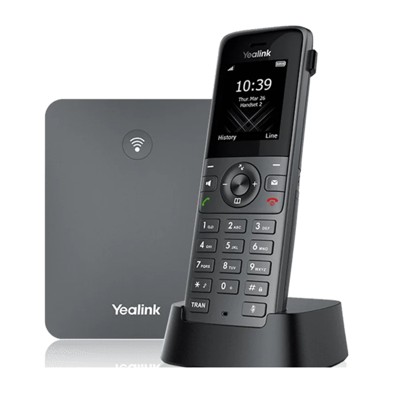 Yealink W73P DECT base station with a cordless handset in its charging cradle